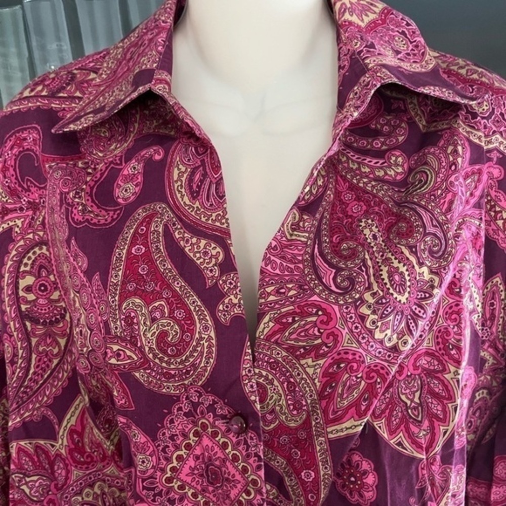 Jones New York Signature Woman Button Down Blouse 2X Pink Paisley Pattern Shirt - Picture 7 of 15